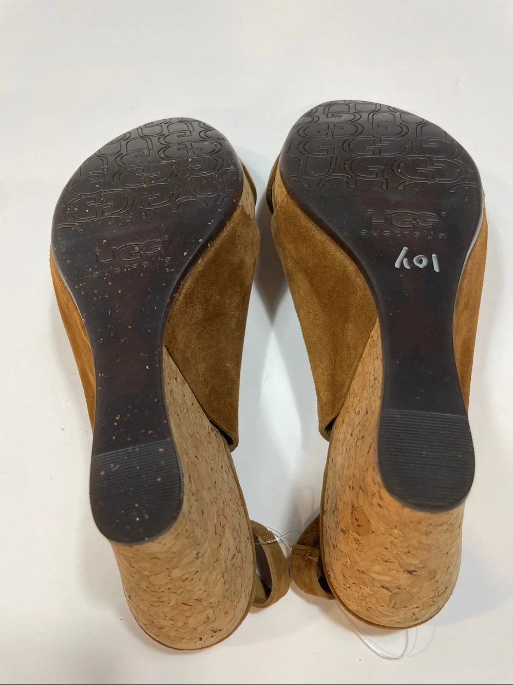 UGG Tan Suede Cork  Hazel Wedge Slingback Sandals in size 9